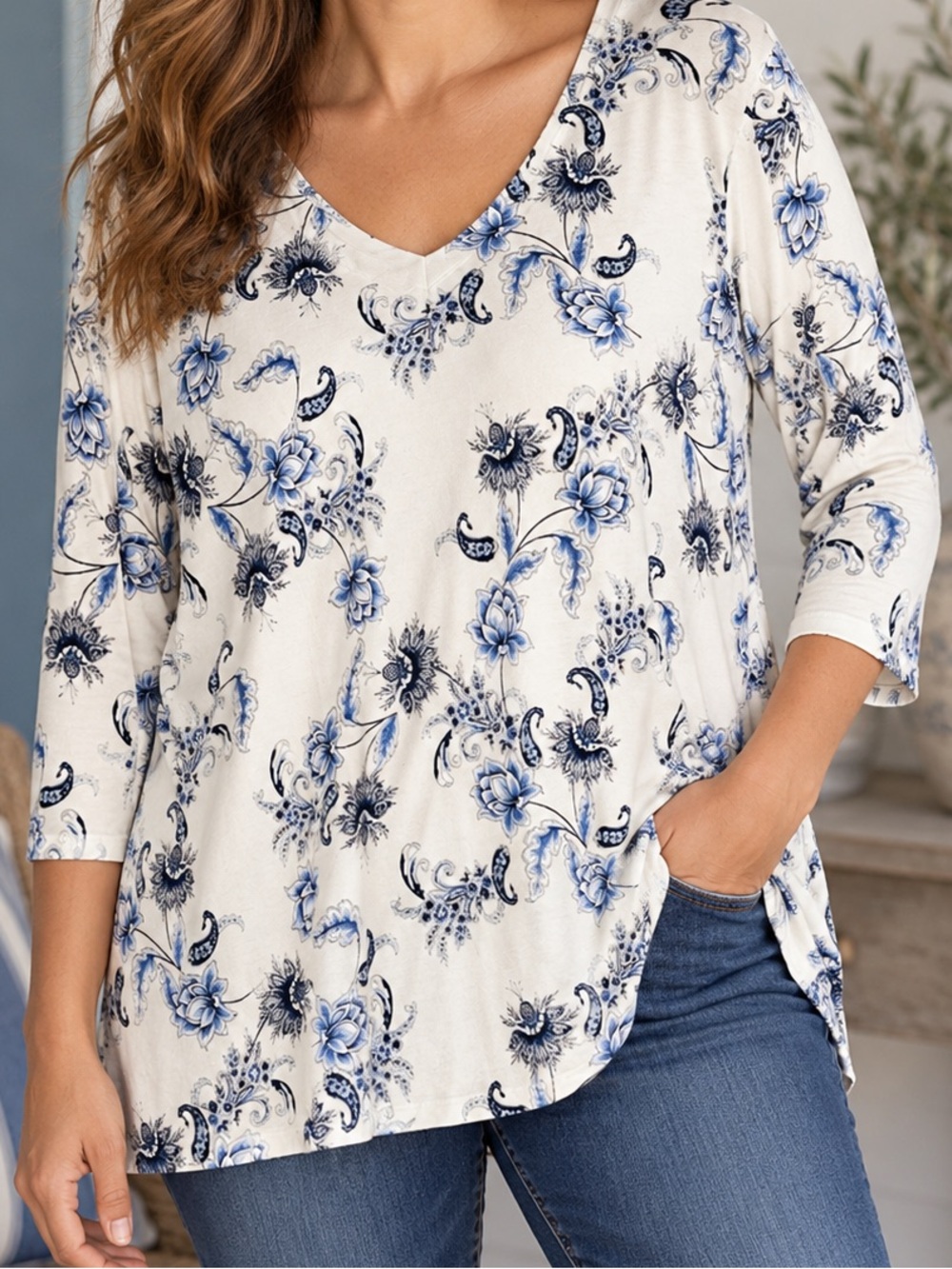 J. Jill Wearever Blue Floral Ivory Stretch Knit Tunic Top XL